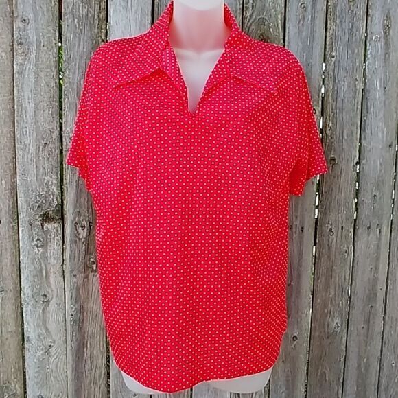 Vintage Tops - Vintage 60s Red White Polka Dot Short Sleeve Shirt